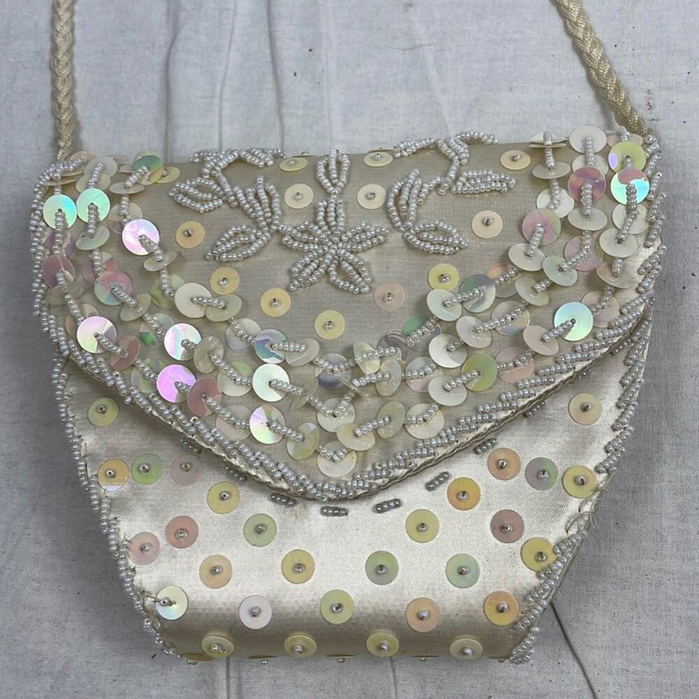 Cottage Core Sequin Beaded Formal Satin Handbag